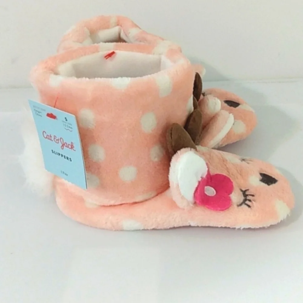 CAT & JACK PINK WHITE POLKA DOT ANKLE BOOT SLIPPERS GIRLS SIZE SMALL  NWT
